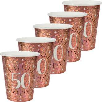 Santex Verjaardag feest bekertjes leeftijd - 50x - 50 jaar - rose goud - karton - 270 ml