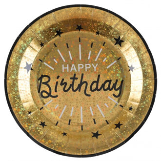 Santex Verjaardag feest bordjes happy birthday - 10x - goud - karton - 22 cm - rond - Feestbordjes Goudkleurig