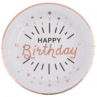 Santex Verjaardag feest bordjes happy birthday - 10x - rose goud - karton - 22 cm - rond - Feestbordjes Goudkleurig