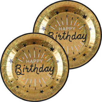 Santex Verjaardag feest bordjes happy birthday - 20x - goud - karton - 22 cm - rond - Feestbordjes Goudkleurig