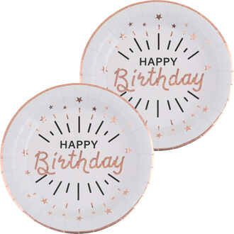 Santex Verjaardag feest bordjes happy birthday - 20x - rose goud - karton - 22 cm - rond - Feestbordjes Goudkleurig