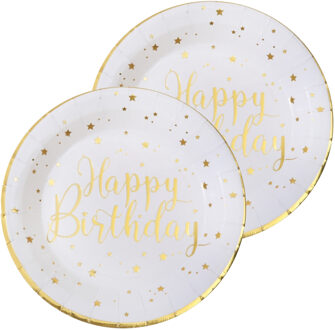 Santex Verjaardag feest bordjes happy birthday - 20x - wit - karton - 22 cm - rond - Feestbordjes