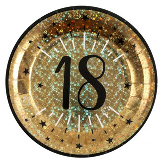 Santex Verjaardag feest bordjes leeftijd - 10x - 18 jaar - goud - karton - 22 cm - rond Goudkleurig