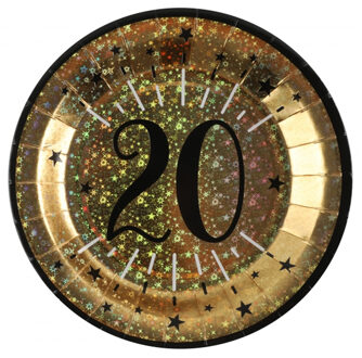 Santex Verjaardag feest bordjes leeftijd - 10x - 20 jaar - goud - karton - 22 cm - rond Goudkleurig