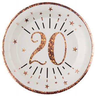 Santex Verjaardag feest bordjes leeftijd - 10x - 20 jaar - rose goud - karton - 22 cm - rond