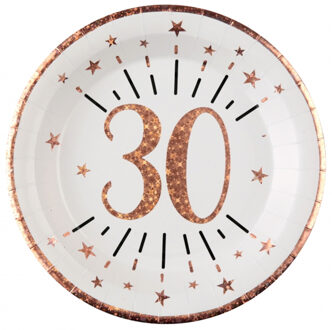 Santex Verjaardag feest bordjes leeftijd - 10x - 30 jaar - rose goud - karton - 22 cm - rond