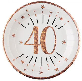 Santex Verjaardag feest bordjes leeftijd - 10x - 40 jaar - rose goud - karton - 22 cm - rond