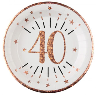 Santex Verjaardag feest bordjes leeftijd - 10x - 40 jaar - rose goud - karton - 22 cm - rond