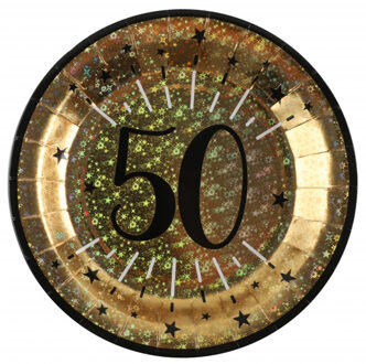 Santex Verjaardag feest bordjes leeftijd - 10x - 50 jaar - goud - karton - 22 cm - rond