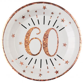 Santex Verjaardag feest bordjes leeftijd - 10x - 60 jaar - rose goud - karton - 22 cm - rond