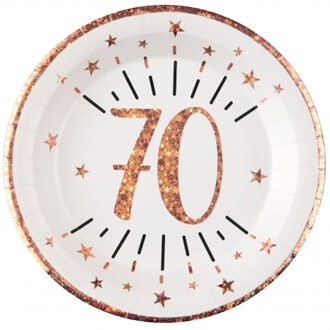 Santex Verjaardag feest bordjes leeftijd - 10x - 70 jaar - rose goud - karton - 22 cm - rond