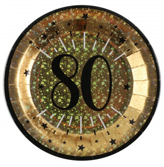Santex Verjaardag feest bordjes leeftijd - 10x - 80 jaar - goud - karton - 22 cm - rond