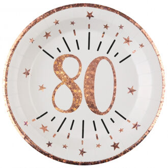 Santex Verjaardag feest bordjes leeftijd - 10x - 80 jaar - rose goud - karton - 22 cm - rond