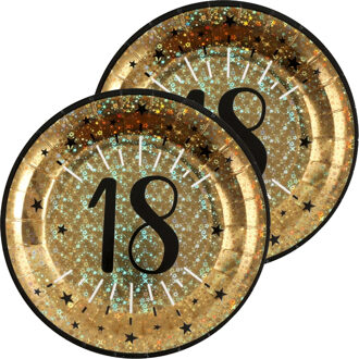 Santex Verjaardag feest bordjes leeftijd - 20x - 18 jaar - goud - karton - 22 cm - rond
