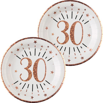 Santex Verjaardag feest bordjes leeftijd - 20x - 30 jaar - rose goud - karton - 22 cm - rond