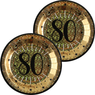 Santex Verjaardag feest bordjes leeftijd - 20x - 80 jaar - goud - karton - 22 cm - rond