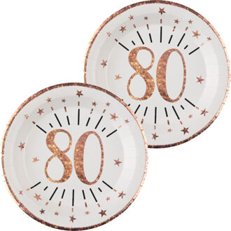 Santex Verjaardag feest bordjes leeftijd - 20x - 80 jaar - rose goud - karton - 22 cm - rond