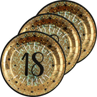 Santex Verjaardag feest bordjes leeftijd - 50x - 18 jaar - goud - karton - 22 cm - rond