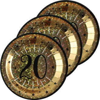 Santex Verjaardag feest bordjes leeftijd - 50x - 20 jaar - goud - karton - 22 cm - rond