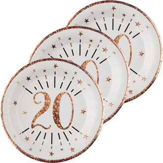 Santex Verjaardag feest bordjes leeftijd - 50x - 20 jaar - rose goud - karton - 22 cm - rond