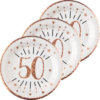 Santex Verjaardag feest bordjes leeftijd - 50x - 50 jaar - rose goud - karton - 22 cm - rond