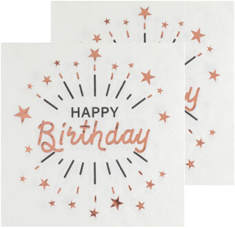 Santex Verjaardag feest servetten happy birthday - 20x - rose goud - 33 x 33 cm - Feestservetten Goudkleurig