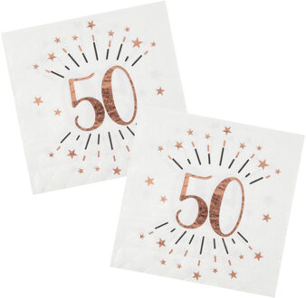 Santex Verjaardag feest servetten leeftijd - 50x - 50 jaar - rose goud - 33 x 33 cm - Feestservetten Goudkleurig