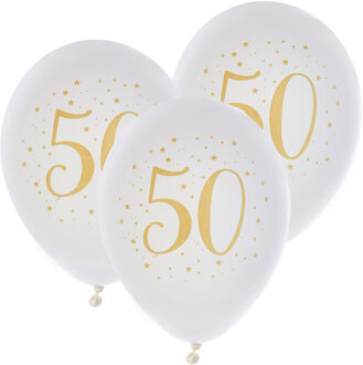 Santex Verjaardag leeftijd ballonnen 50 jaar - 24x stuks - wit/goud - 23 cm - Abraham/Sarah feestartikelen