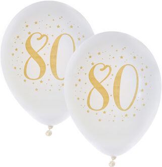 Santex Verjaardag leeftijd ballonnen 80 jaar - 16x - wit/goud - 23 cm - Feestartikelen/versieringen