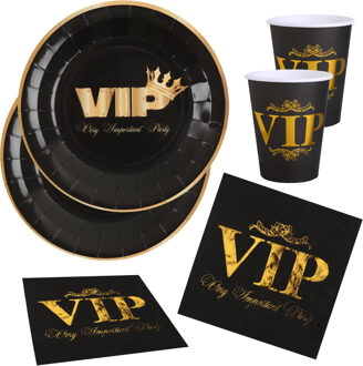 Santex VIP feest wegwerp servies set - 10x bordjes / 10x bekers / 10x servetten - zwart/goud - Feestpakketten