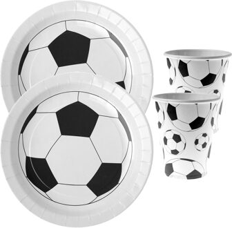 Santex Voetbal feest wegwerp servies set - 10x bordjes / 10x bekers - wit/zwart - Feestpakketten