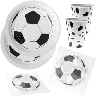 Santex Voetbal thema feest wegwerp servies set - 20x bordjes / 20x bekers / 20x servetten - wit/zwart