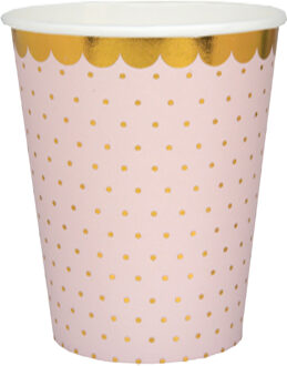Santex Wegwerp bekertjes stippen - Babyshower meisje - 10x stuks - 270 ml - roze/goud