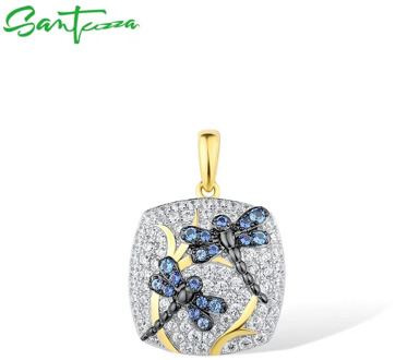 SANTUZZA Silver Pendant For Women Genuine 925 Sterling Silver Sparkling CZ Elegant Blue Dragonfly Square Trendy Fine Jewelry