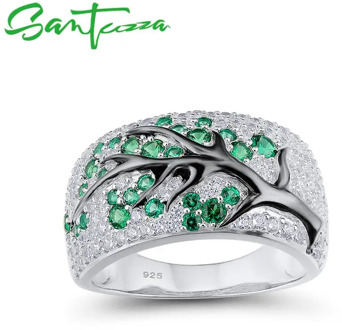 SANTUZZA Silver Ring for Women 925 Sterling Silver Shiny Green Spinels Cubic Zirconia Cherry Tree Trendy Party Fine Jewelry