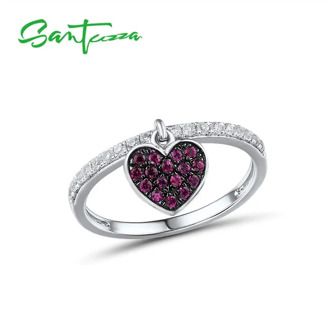 SANTUZZA Silver Silver Rings For Women 925 Sterling Silver Glamorous Heart Shiny Ruby Ring Elegant Wedding Party Fine Jewelry