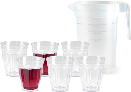 Sapkan/schenkkan karaf met deksel - 2 liter - met 6x drinkglazen 250 ml - kunststof - transparant