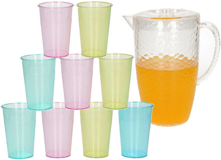 Sapkan/schenkkan karaf met deksel 2 liter set met 12x kunststof drinkglazen 200 ml