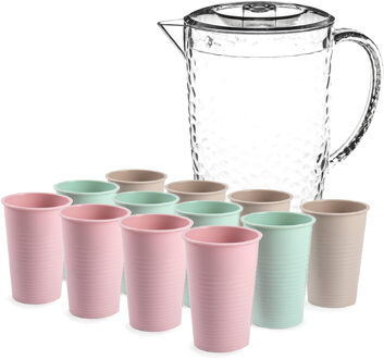 Sapkan/schenkkan karaf met deksel 2 liter set met 12x kunststof drinkglazen 200 ml