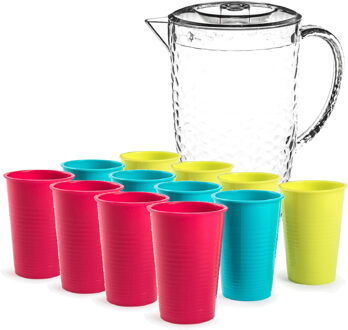 Sapkan/schenkkan karaf met deksel 2 liter set met 12x kunststof drinkglazen 360 ml