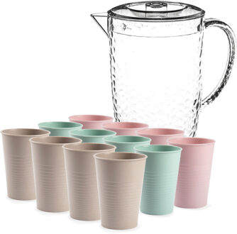 Sapkan/schenkkan karaf met deksel 2 liter set met 12x kunststof drinkglazen 360 ml