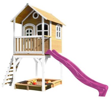 Sarah Speelhuis op palen, zandbak & paarse glijbaan Speelhuisje voor de tuin / buiten in bruin & wit van FSC hout