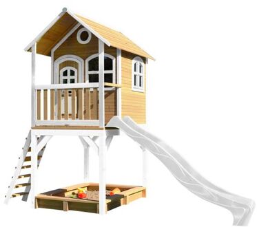 Sarah Speelhuis op palen, zandbak & witte glijbaan Speelhuisje voor de tuin / buiten in bruin & wit van FSC hout