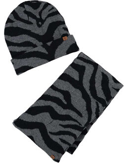 Sarlini Grijze/zwarte zebraprint meisjes winter accessoires set muts/sjaal Grijs