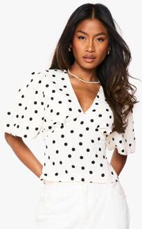 Satijn Blouse Met Polkadot En Puffmouwen, Cream - 36