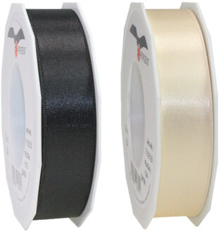 Satijn cadeau / hobby sierlint - 2,5cm x 25m- zwart en creme wit - inpakken