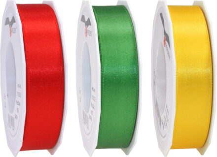 Satijn cadeau/hobby sierlinten 2,5cm x 25m- set 3x - rood/geel/groen - Cadeaulinten Multikleur