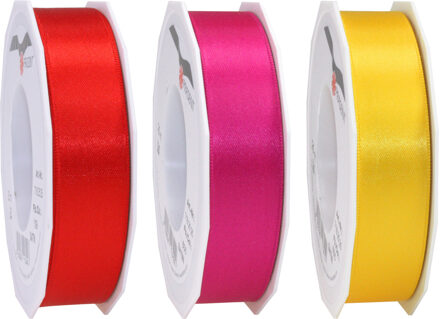Satijn cadeau/hobby sierlinten 2,5cm x 25m- set 3x - rood/geel/roze