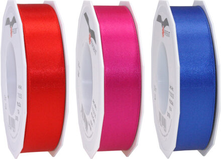 Satijn cadeau/hobby sierlinten 2,5cm x 25m- set 3x - rood/roze/blauw - Cadeaulinten Multikleur