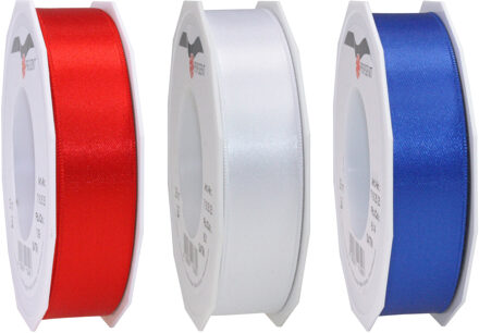 Satijn cadeau/hobby sierlinten 2,5cm x 25m- set 3x - rood/wit/blauw - Cadeaulinten Multikleur